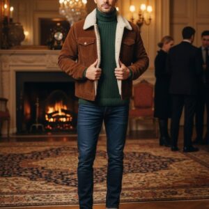 Fashion model wearing a LEATHRIA tan corduroy sherpa jacket with a green turtleneck and denim jeans in a luxury interior.