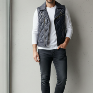 Male model wearing a navy blue quilted leather gilet over a white long sleeve shirt.