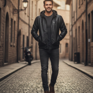 Hooded Jet Black Leather Jacket