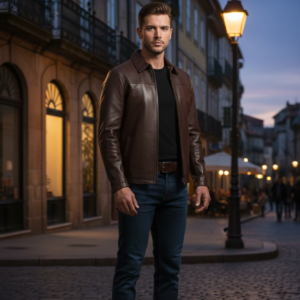 Men Wearing Mahogany Smooth Leather Harrington Jacket.