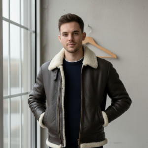 Male model wearing a dark espresso leather aviator jacket with a cream shearling collar.