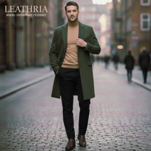 Olive Overcoat with Skin Turtleneck as a inner and balck pant with brown Chelsea