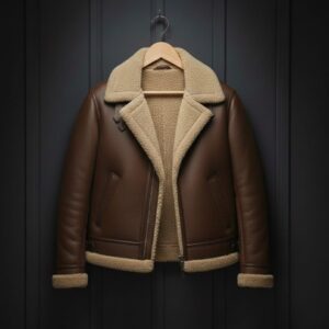 Front view of Men's Brown B-3 Aviator Shearling Leather Jacket with fur collar